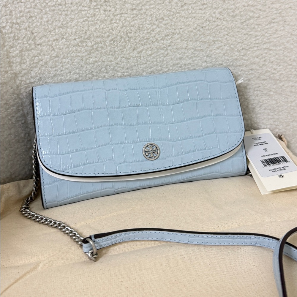 Tory Burch Light Blue Croc-Embossed chain crossbody bag New - Picture 2 of 9
